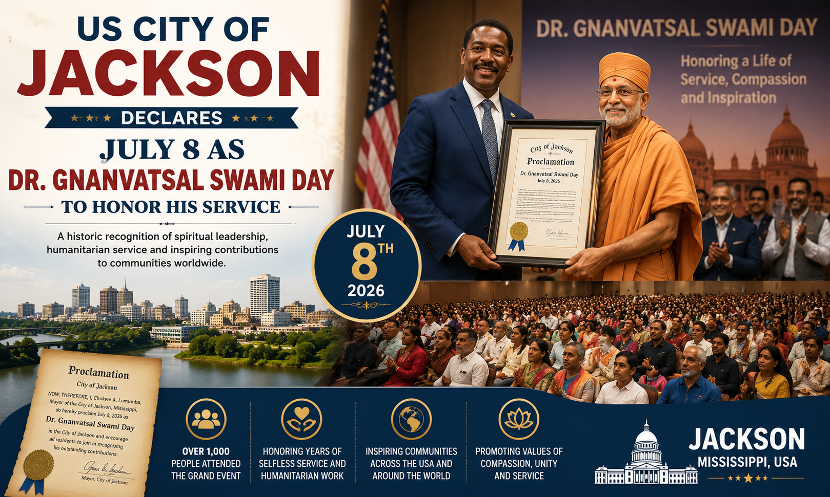 US City of Jackson Declares July 8 as Dr. Gnanvatsal Swami Day to Honor His Service