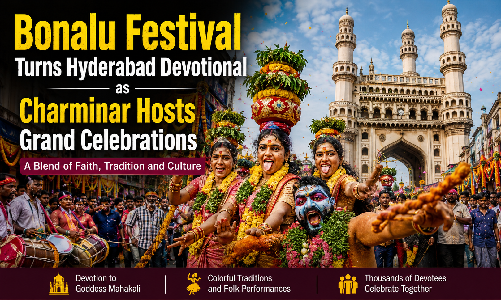 Bonalu Festival Turns Hyderabad Devotional as Charminar Hosts Grand Celebrations
