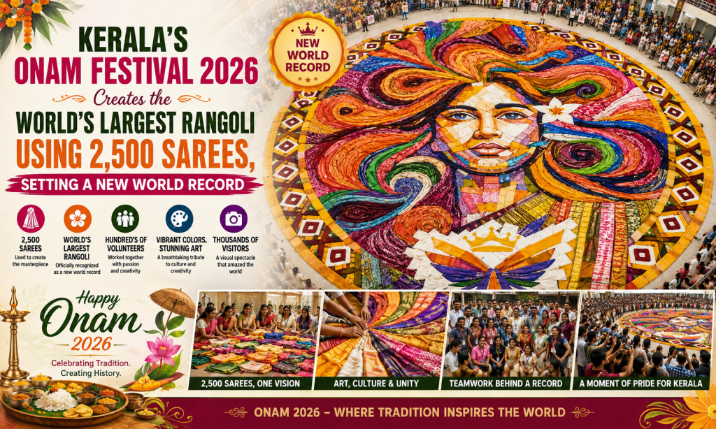 Kerala's Onam Festival 2026 Creates the World's Largest Rangoli Using 2,500 Sarees, Setting a New World Record